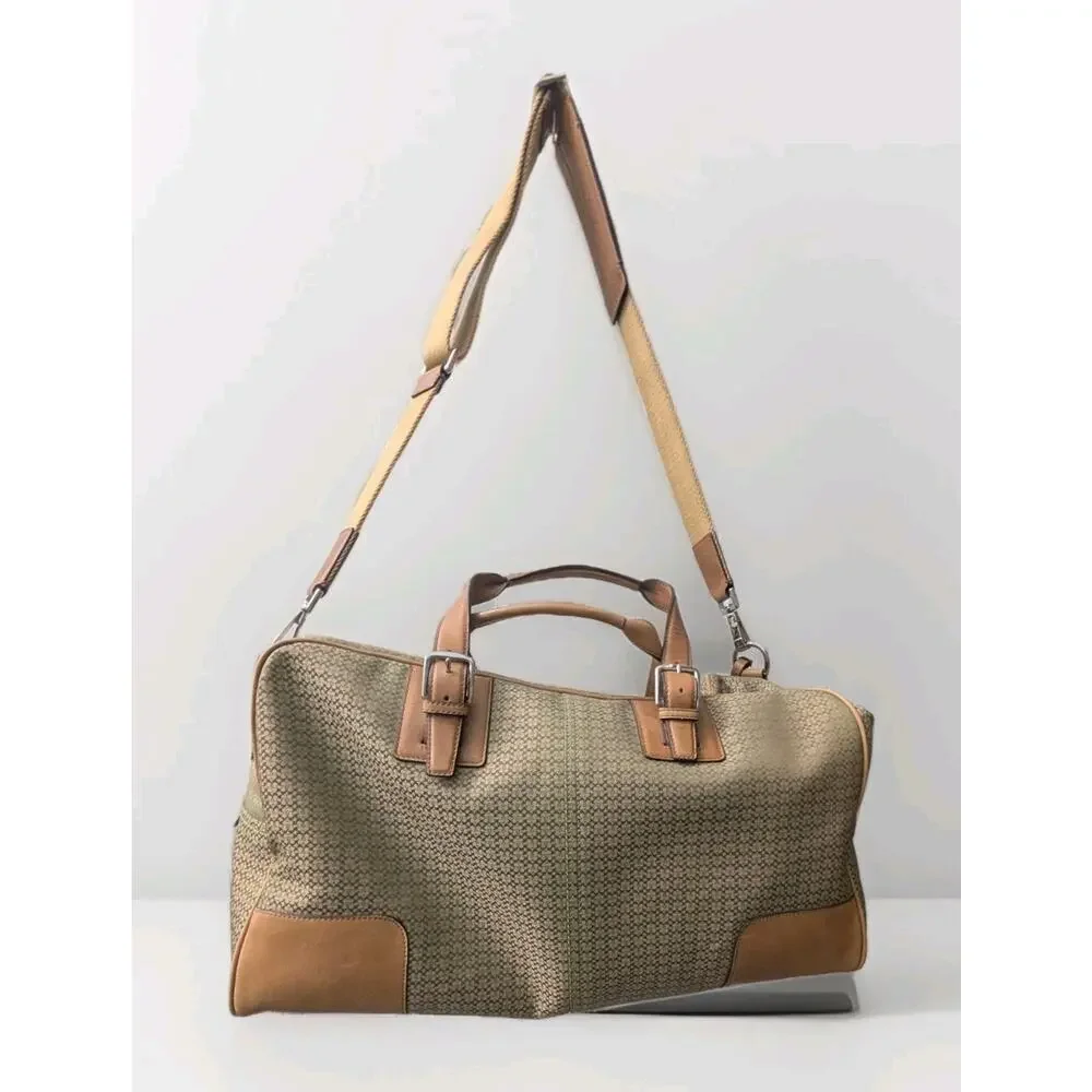 Coach Signature C Monogram Weekender Travel Bag Leather Trim Tan Green RARE